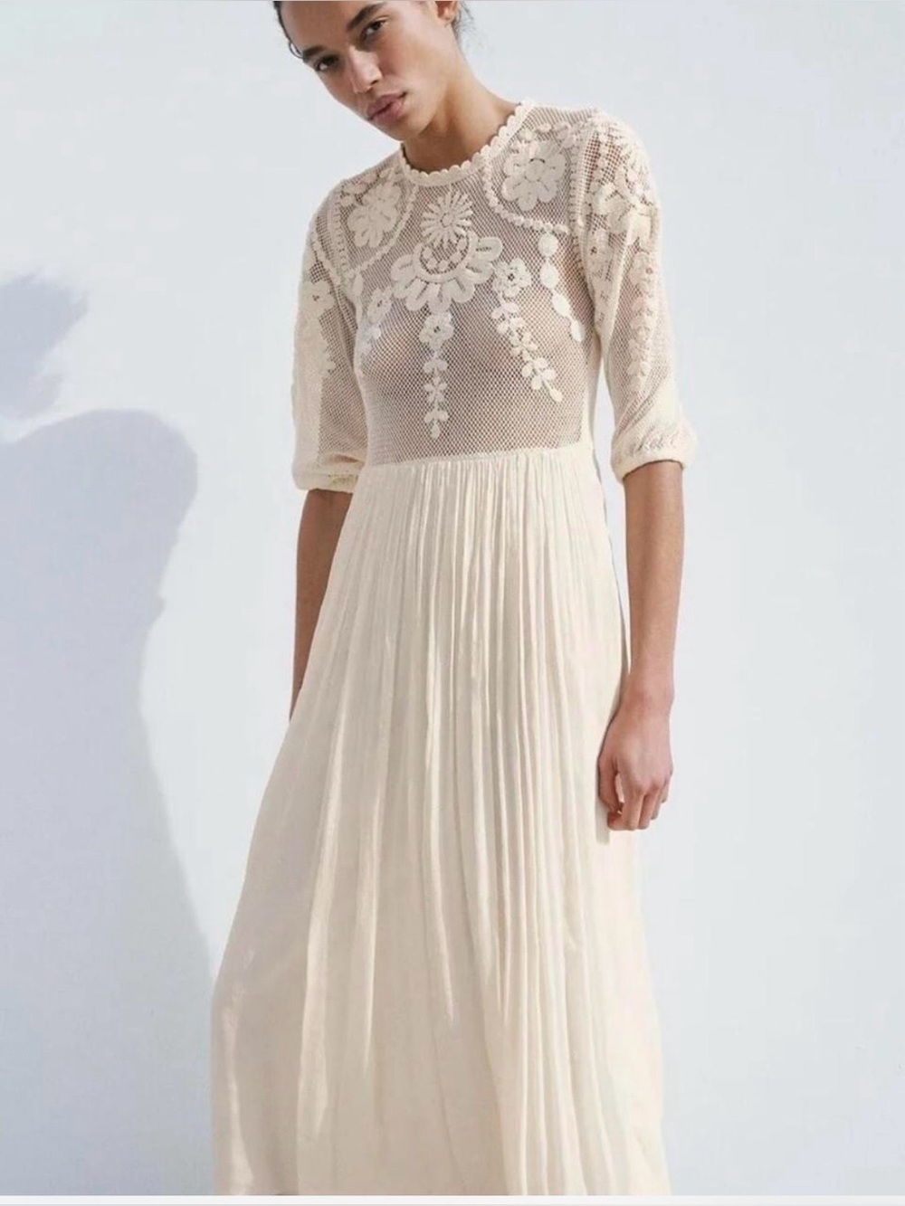 Zara Cream Lace-Yoke Midi Dress